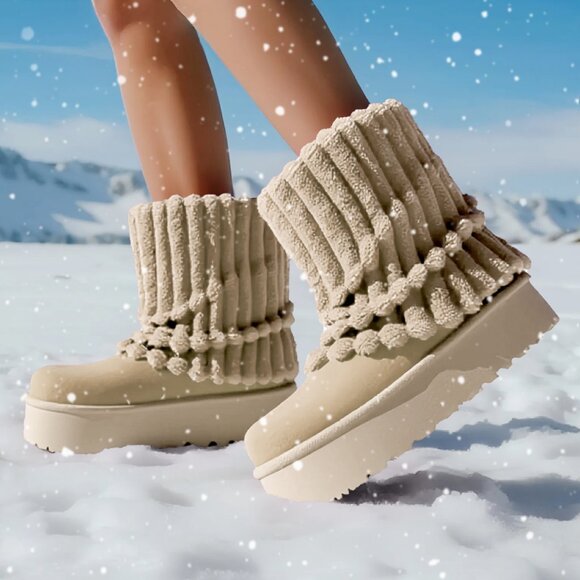 Women Winter BEIGE Fuzzy Faux Fur Lined Calf High Boots 2 inch Sole - Picture 3 of 4